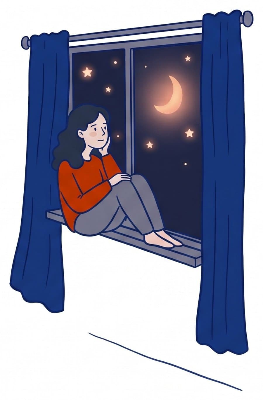 Illustration of a woman in a cosy jumper sitting on the windowsill, smiling up at the moon and stars